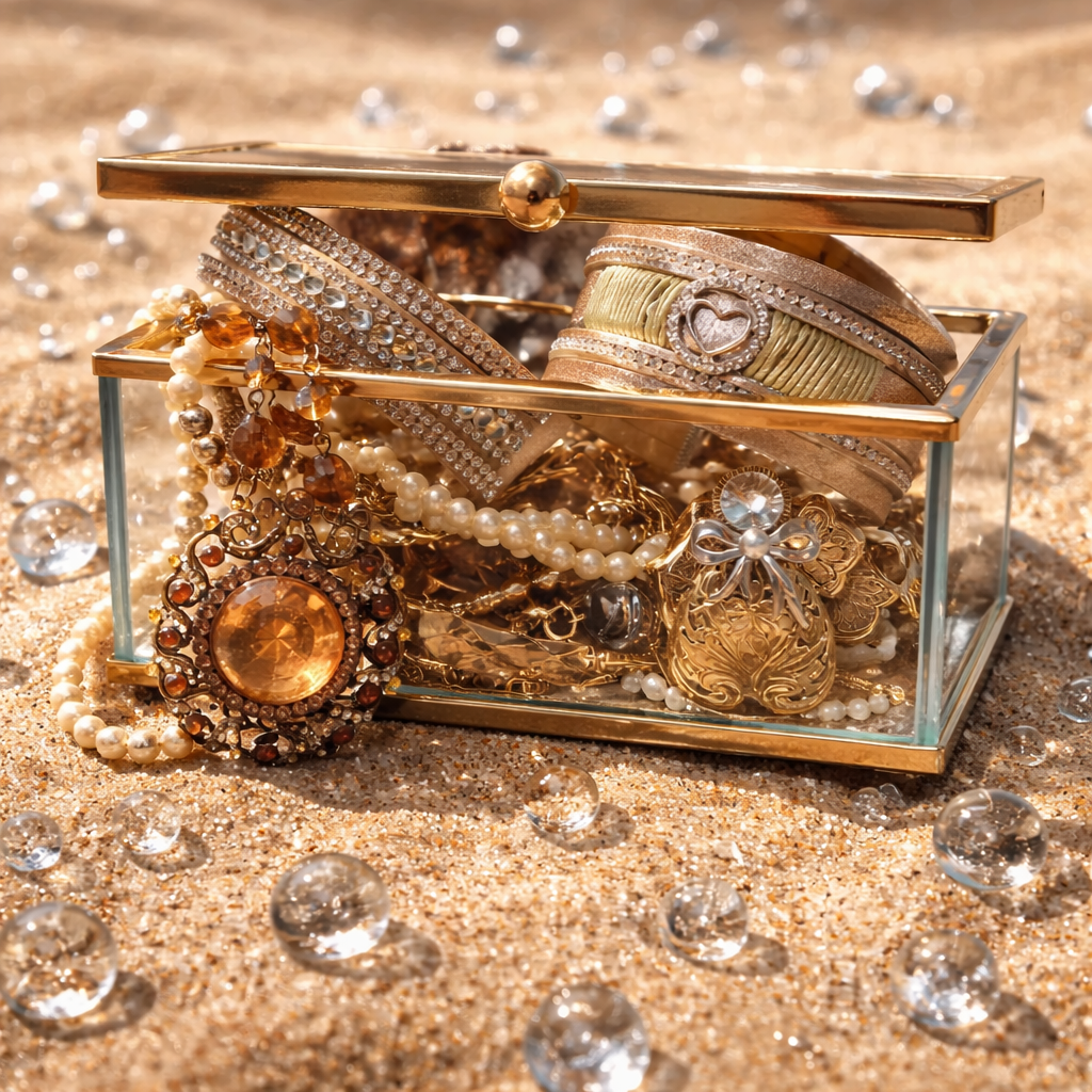 Gold Trim Square Glass Jewelry Box Mystery Bundle