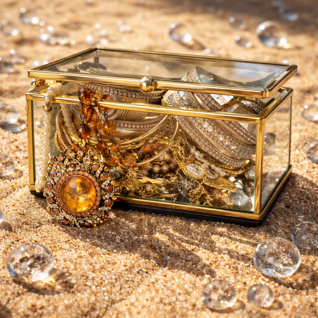 Gold Trim Square Glass Jewelry Box Mystery Bundle