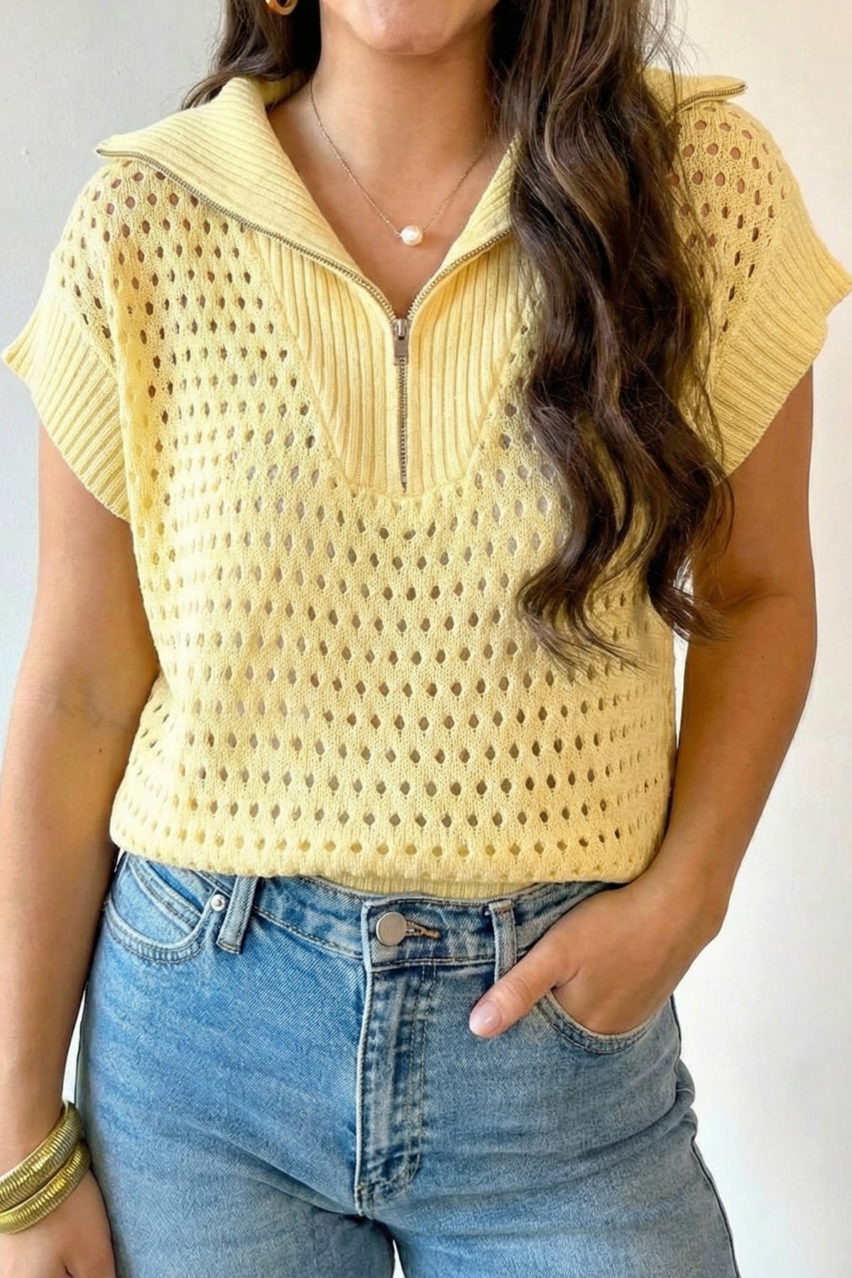 Fiery Red Solid Color Hollowed Knit Short Sleeve Zipper Collar Knitwear Top