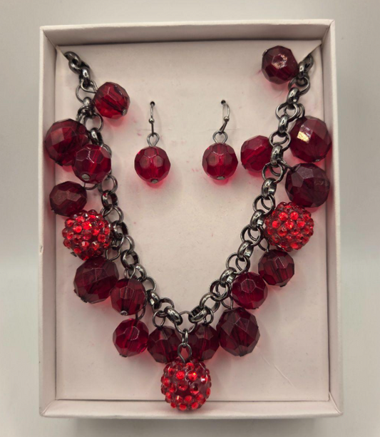 Red Beaded Necklace and Earring Set