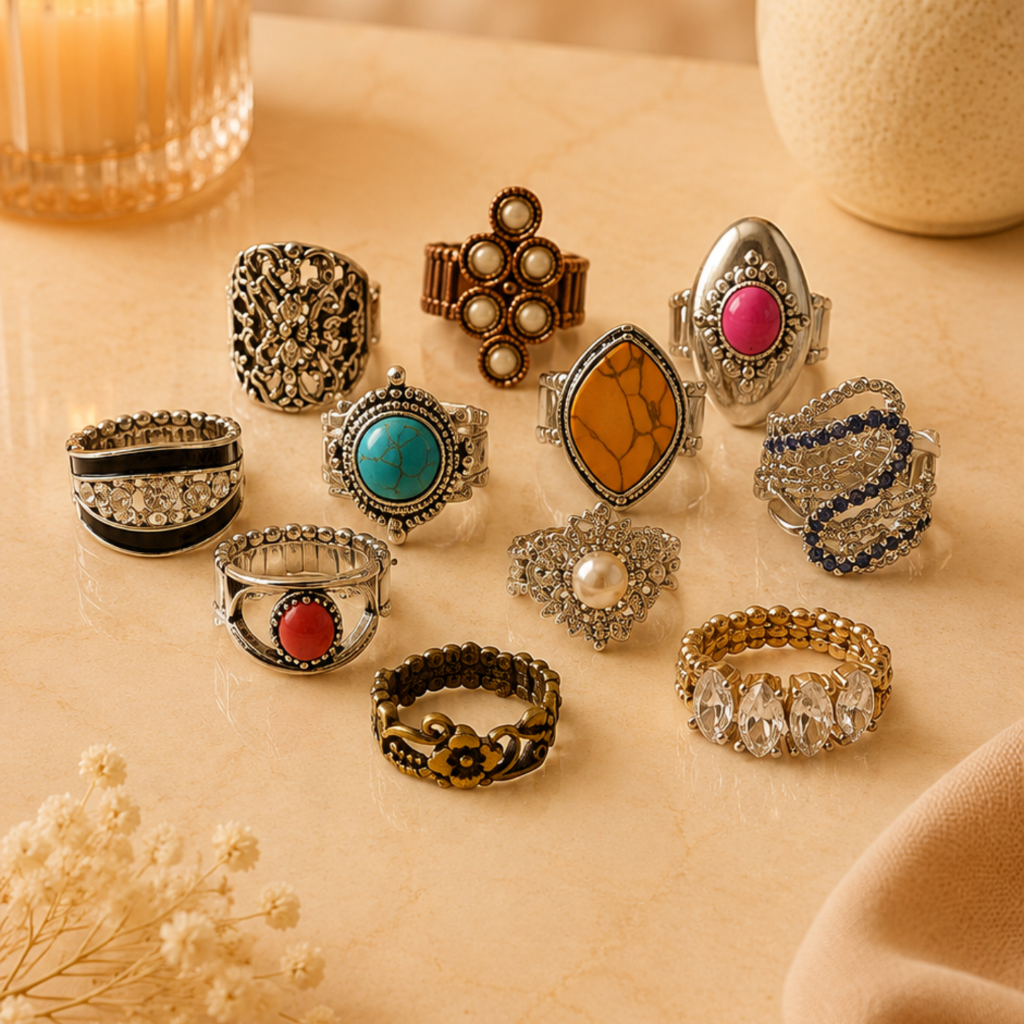 11 Stretchy Fashion Rings Bundle | Mixed Styles | Jewelry Lot
