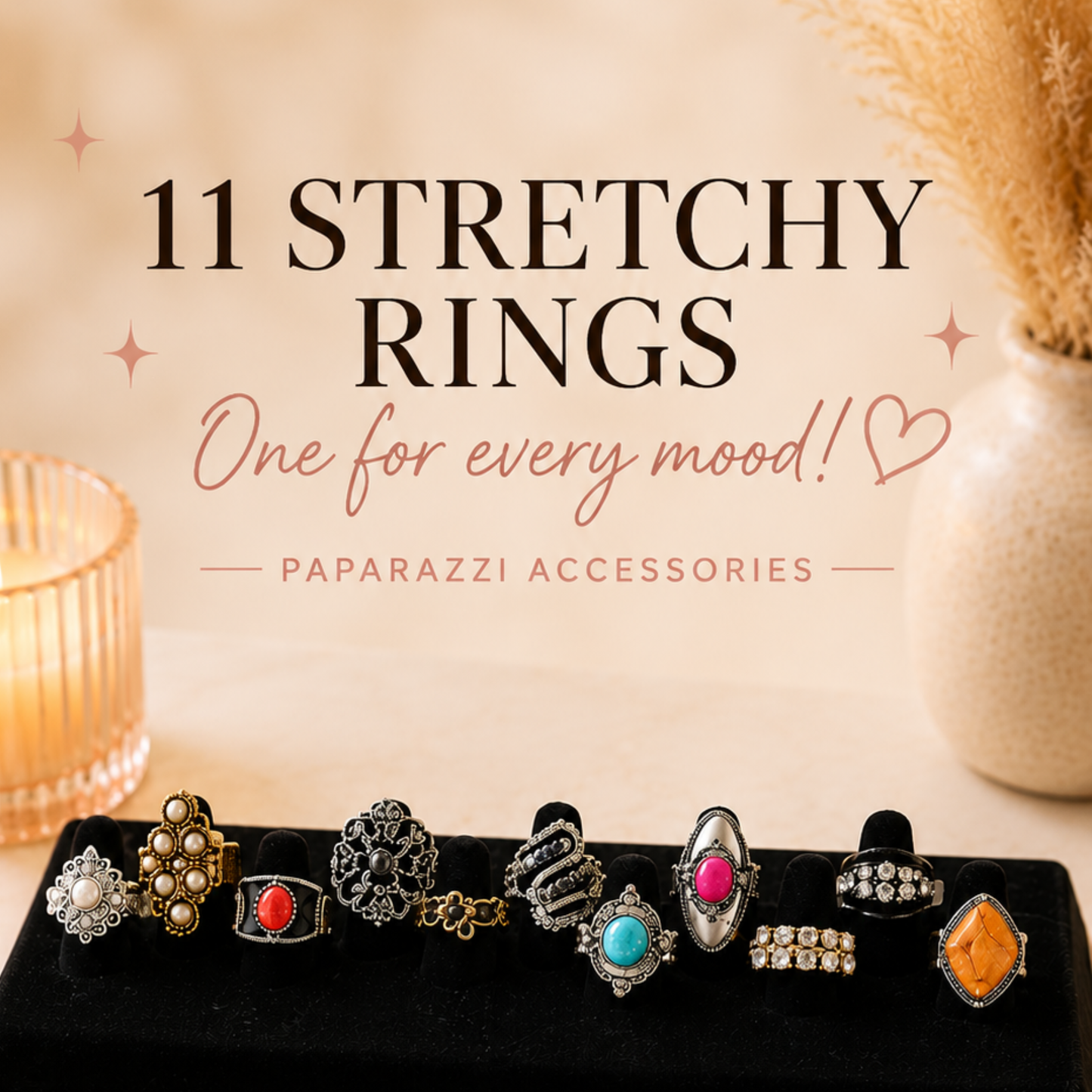 11 Stretchy Fashion Rings Bundle | Mixed Styles | Jewelry Lot