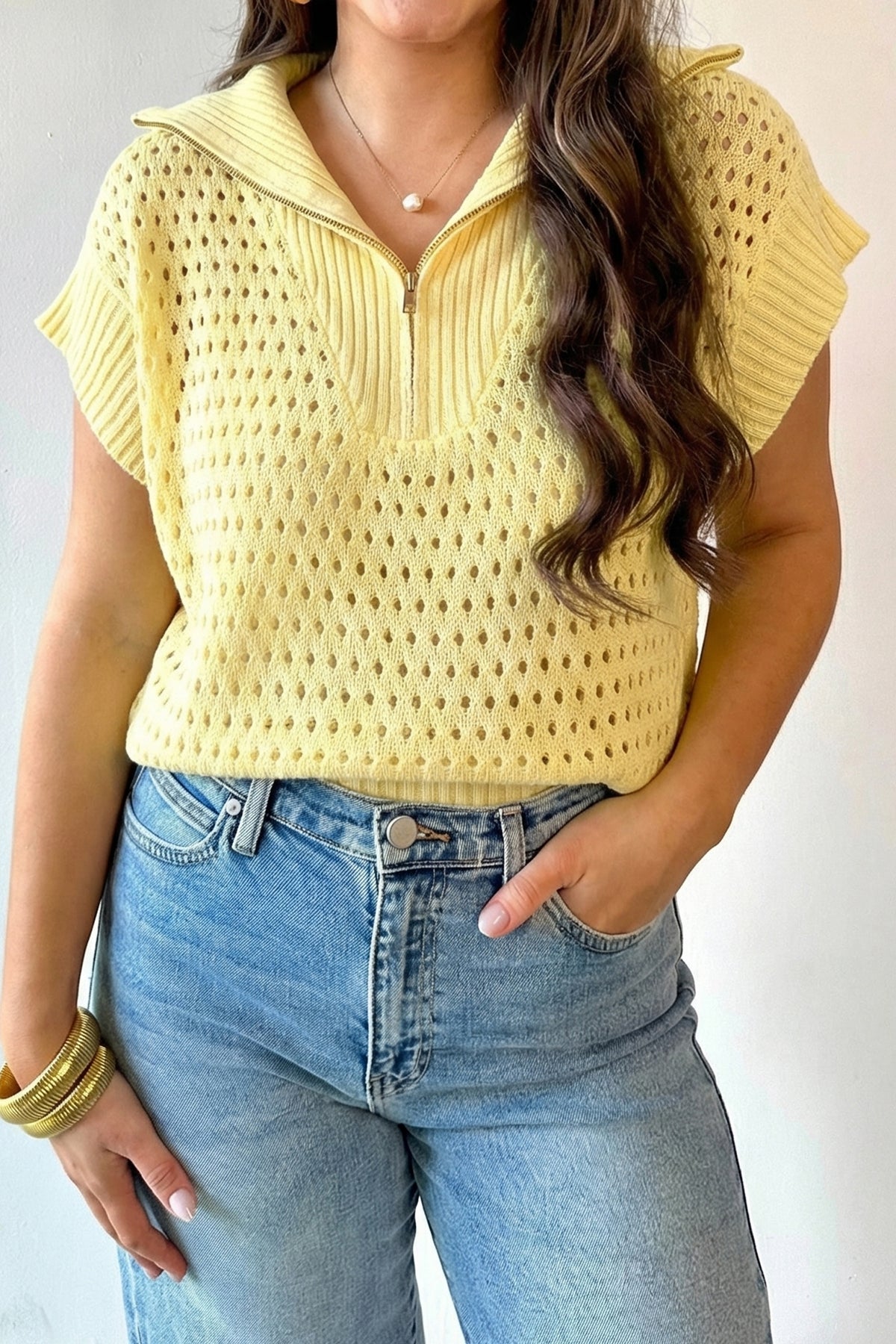Fiery Red Solid Color Hollowed Knit Short Sleeve Zipper Collar Knitwear Top