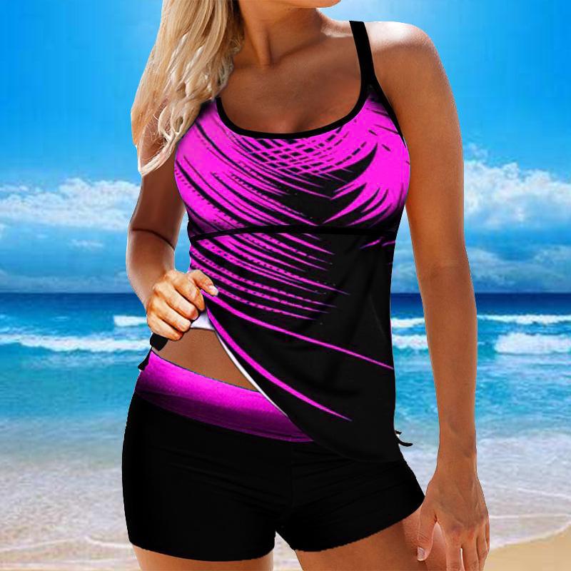 Women Beach Blue Print Backless 2 Piece Swimsuit Spaghetti Strap Tankini Top With Bikini Bottom