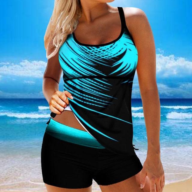Women Beach Blue Print Backless 2 Piece Swimsuit Spaghetti Strap Tankini Top With Bikini Bottom